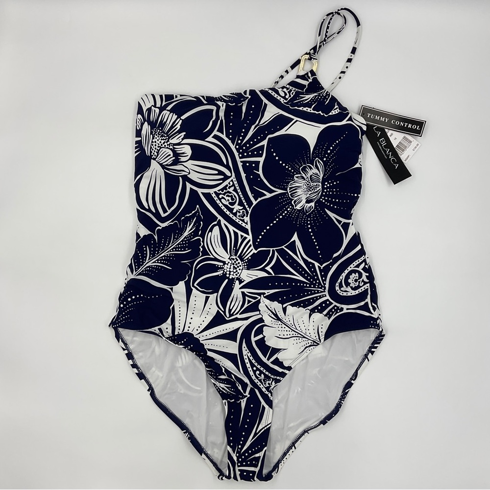 La Blanca NWT At The Playa One Piece One Shoulder Indigo Floral Swimsuit Size 16 - Picture 4 of 16
